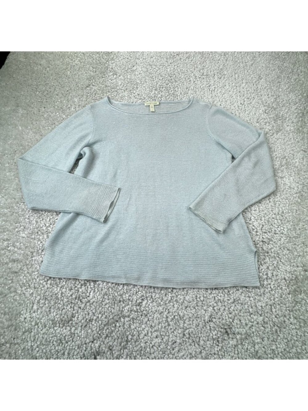 Eileen Fisher Organic Linen Blue Knit Sweater Semi Sheer Womens Small